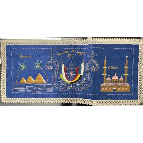 372 - Needlework: Needlework: An early 20th century Egyptian needlework depicting the pyramids and temples... 