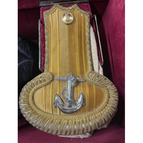 373 - Militaria: Militaria: A Royal Naval officer's gold braided bicorn hat, epaulettes and belt in origin... 