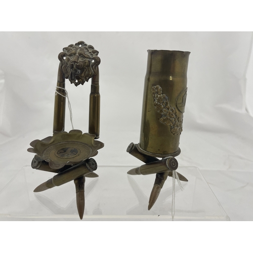 376 - Trench Art: Trench Art: An unusual pocket watch stand, the tripod base and side supports bullets, th... 