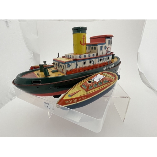 399 - Toys and Games Toys and Games: Barco, Japan, Tinplate battery powered wheeled tugboat, a meltoy temp... 