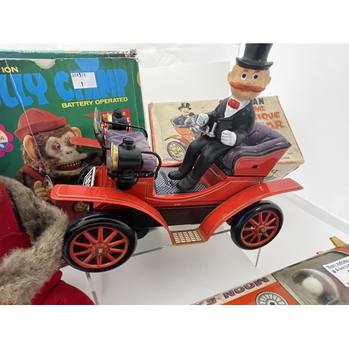 402 - Toys Toys: Jolly Chimp performing monkey (Taiwan) plus shaking antique car (Japan) Both battery oper... 