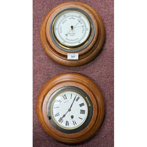 501 - Bulk Head Clock & Barometer: Bulk Head Clock & Barometer: Bulkhead clock, Benzie with Roman nume... 