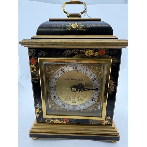 504 - Clocks: Clocks: 20th century Elliott of London black chinoiserie lacquered mantel clock with silvere... 