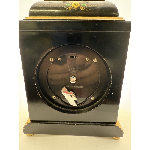 504 - Clocks: Clocks: 20th century Elliott of London black chinoiserie lacquered mantel clock with silvere... 