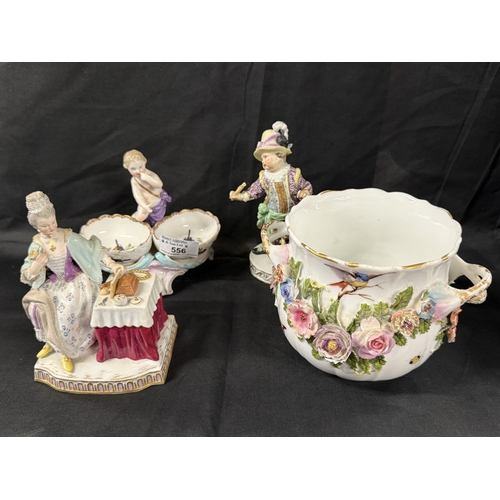 556 - Porcelain: Porcelain: 19th/20th century German figures, two Meissen, one Berlin condiment together w... 