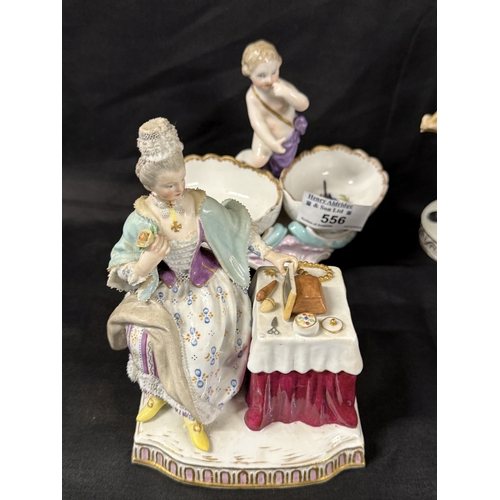 556 - Porcelain: Porcelain: 19th/20th century German figures, two Meissen, one Berlin condiment together w... 