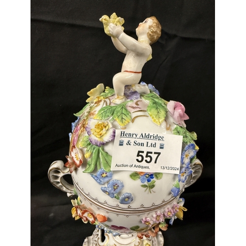 557 - Pottery Pottery: Dresden Potschappel porcelain vase and cover. Painted floral Putto holding a bird, ... 