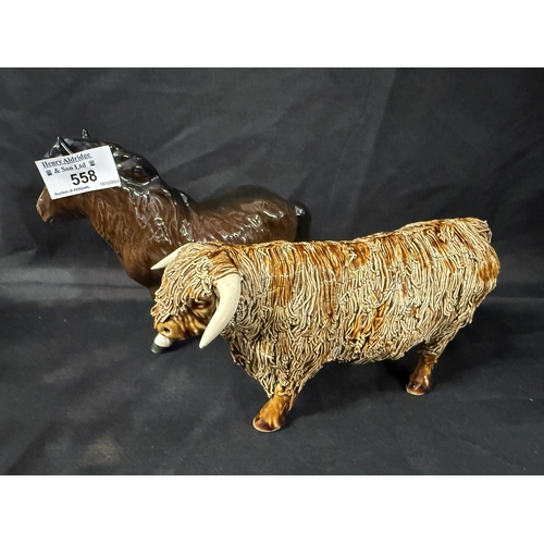 558 - Ceramics: Ceramics: Beswick Shetland Pony with original paper label c1960s together with a glazed ce... 