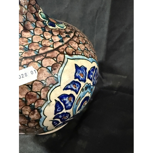 563 - Pottery: Pottery: A 20th century Ottoman style vase with painted fish scale type decoration, three v... 