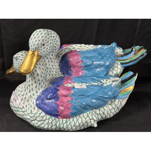 570 - Ceramics: Ceramics: Herend ducks green with puce and blue wing feathers. 40cm