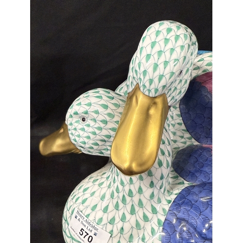 570 - Ceramics: Ceramics: Herend ducks green with puce and blue wing feathers. 40cm