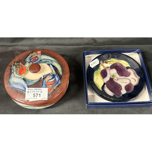 571 - Moorcroft: Moorcroft: Sally Tuffin red tulip dish and cover 12.5cm diameter. Plus magnolia pin dish.... 