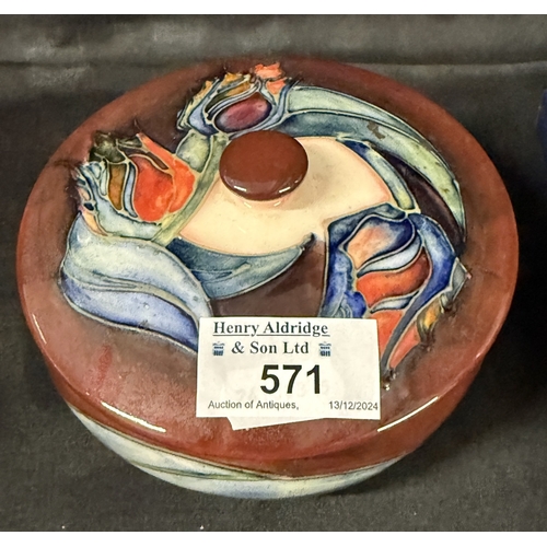 571 - Moorcroft: Moorcroft: Sally Tuffin red tulip dish and cover 12.5cm diameter. Plus magnolia pin dish.... 