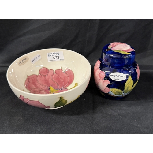 572 - Ceramics: Ceramics: A Moorcroft Pottery Hibiscus pattern bowl on a white ground, impressed marks wit... 