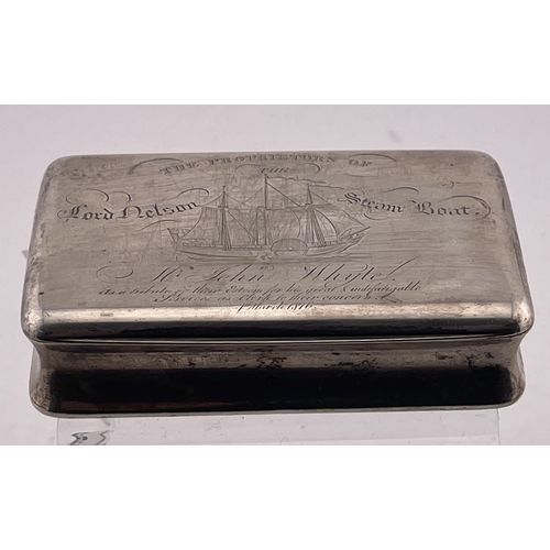 616 - Naval Interest: Naval Interest: A silver snuff box, hallmarked Birmingham 1815 by John Shaw. Engrave... 