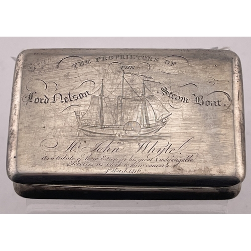 616 - Naval Interest: Naval Interest: A silver snuff box, hallmarked Birmingham 1815 by John Shaw. Engrave... 