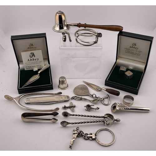 619 - Hallmarked Silver: Hallmarked Silver: A pair of wishbone sugar tongs, a set of anvil tongs, a treen ... 