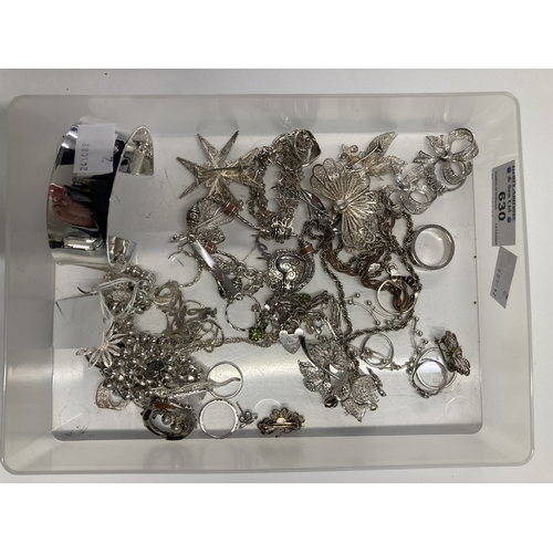 630 - Silver Jewellery: Silver Jewellery: Quantity of silver/white metal jewellery - rings, brooches, a ba... 