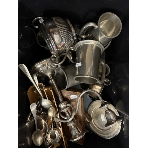 67 - Silver Plate: Silver Plate: A single candelabrum, four boxed cutlery sets, pewter mugs and measures,... 