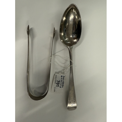 701 - Hallmarked Silver: Hallmarked Silver: A tablespoon, hallmarked for London 1790 and bearing the marks... 