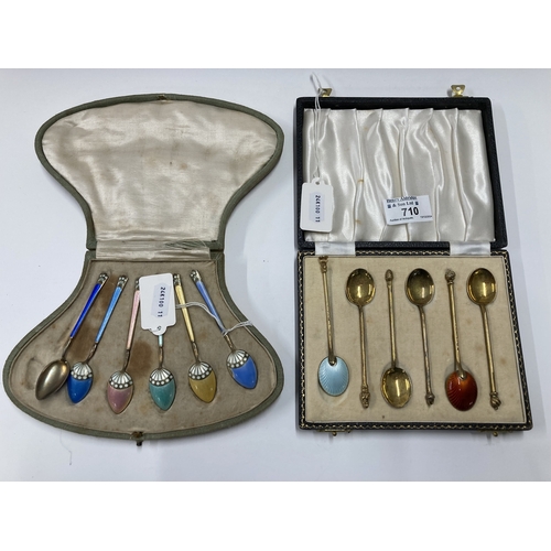 710 - Hallmarked Silver: Hallmarked Silver: A set of enamelled silver gilt coffee spoons, import marks for... 