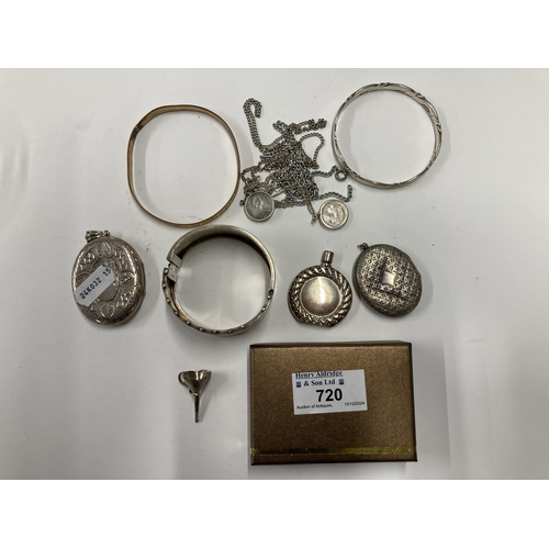 720 - Silver: Silver: A silver Mizpah locket, another locket, a boxed scent bottle and flask, and other wh... 