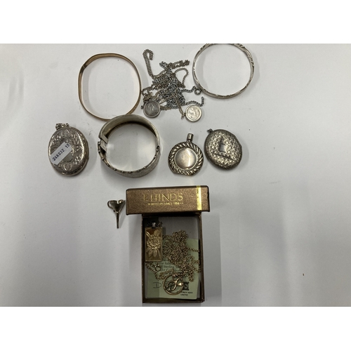 720 - Silver: Silver: A silver Mizpah locket, another locket, a boxed scent bottle and flask, and other wh... 