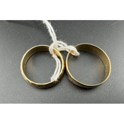 725 - Jewellery: Jewellery: Two engraved 9ct gold wedding bands, one 6.8mm wide, UK size T, the other 5.7m... 