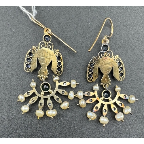 828 - Jewellery: Jewellery; A boxed pair of Egyptian revival yellow metal drop earrings, set with diamonds... 