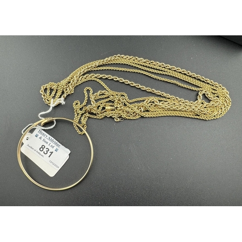 831 - Jewellery: Jewellery: A 9ct yellow gold rope twist necklace, 74cm, 7.5g, together with a yellow meta... 