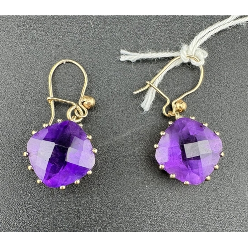 851 - Jewellery: Jewellery: Boxed 9ct gold mounted facet cut amethyst earrings, each cushion cut stone app... 