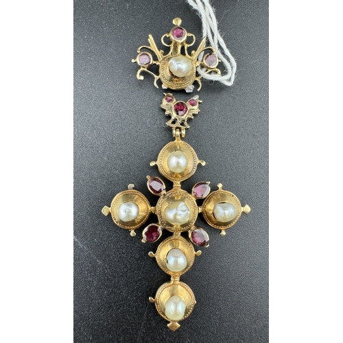 887 - Jewellery: Jewellery: A 19th century European cross pendant set with freshwater pearls and pink tour... 