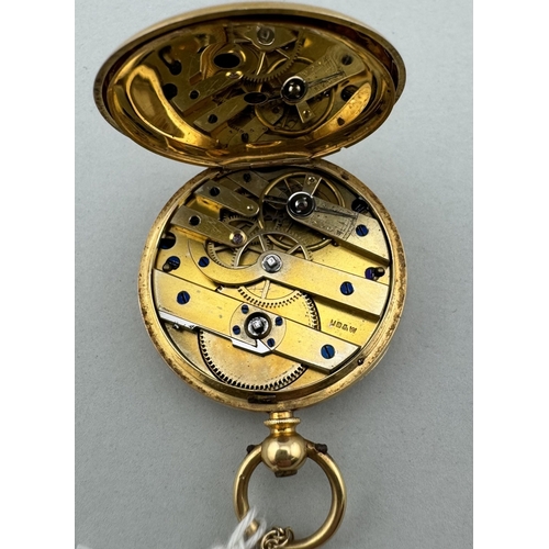 903 - Watches: Watches: A ladies yellow metal fob watch on chain, the watch testing as high carat gold, th... 