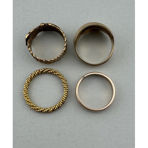 917 - Jewellery: Jewellery: Four 9ct gold rings of varying designs, either marked or tested. Combined weig... 