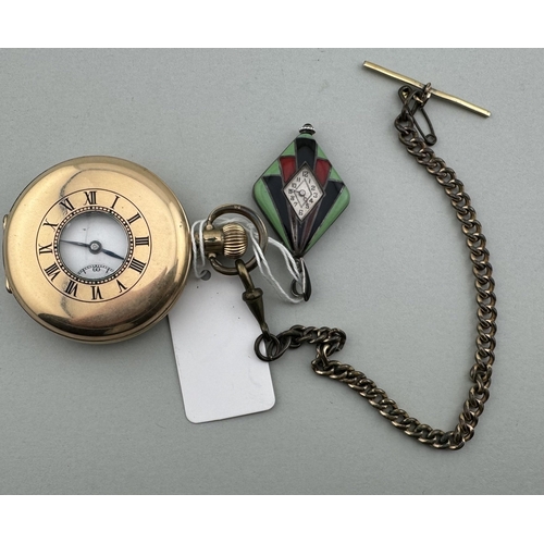 943 - Watches: Watches: A gold plated half hunter pocket watch with keyless wind, 5.0cm, on base metal Alb... 