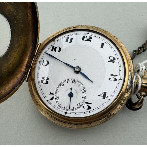 943 - Watches: Watches: A gold plated half hunter pocket watch with keyless wind, 5.0cm, on base metal Alb... 