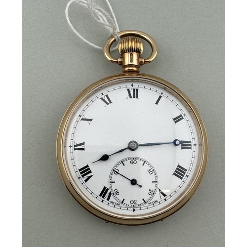 952 - Watches: Watches: A 9ct gold open faced keyless wind pocket watch, with enamel dial and subsidiary s... 