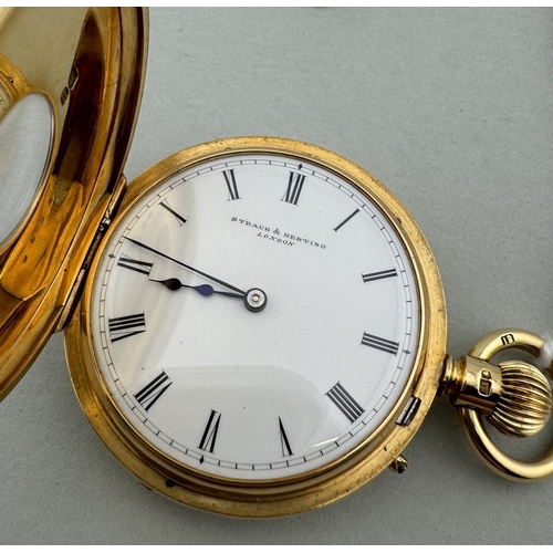 956 - Watches: Watches: An 18ct yellow gold half hunter fob watch by Straub & Hebting of London. Ename... 