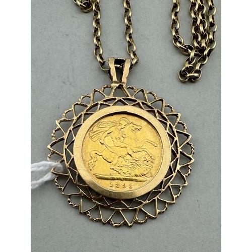 970 - Jewellery: Jewellery: An 1898 half sovereign in ornate 9ct gold mount, upon a 64cm 9ct gold chain, t... 