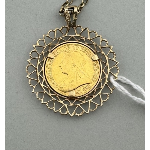 970 - Jewellery: Jewellery: An 1898 half sovereign in ornate 9ct gold mount, upon a 64cm 9ct gold chain, t... 