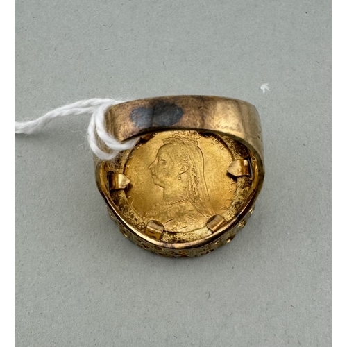 971 - Jewellery: Jewellery: An 1892 half sovereign, mounted in a 9ct bark effect ring, UK size P, 11.4g to... 