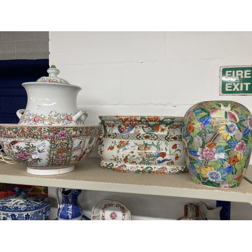 11 - Porcelain: 20th century Oriental famille rose and British including a large bowl, floral jar (no lid... 