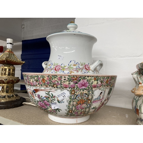 11 - Porcelain: 20th century Oriental famille rose and British including a large bowl, floral jar (no lid... 