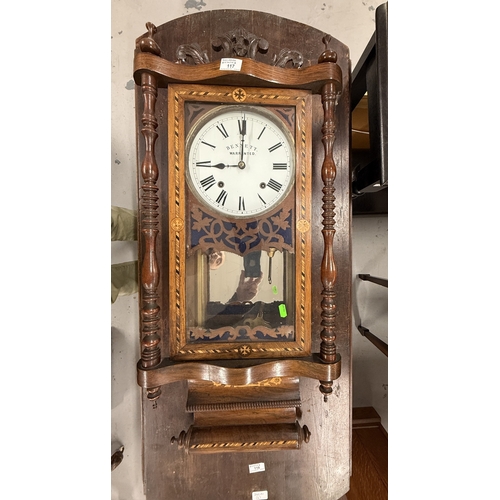 117 - Clocks: 19th-century American 30-hour striking wall clock, with 8½ins painted dial, signed 