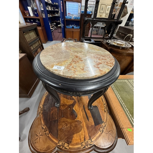 124 - 19th Century Furniture: Small tilt top side table with marquetry top depicting a sailboat on a lake ... 