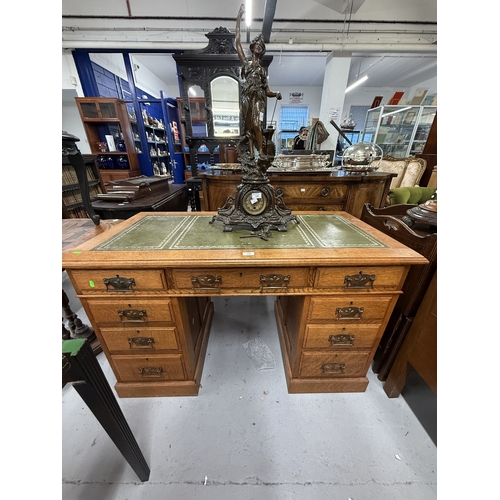 125 - Furniture: Oak pedestal partner's desk, English circa 1920-30 with 3-part leather inset top, over th... 