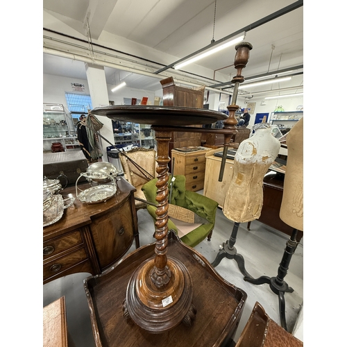 127 - Furniture: William IV burr walnut candlestand side table on barley twist column.