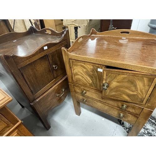 128 - Furniture: 19th century mahogany commode with tray shelf top, twin door cupboard with quarter cut pa... 