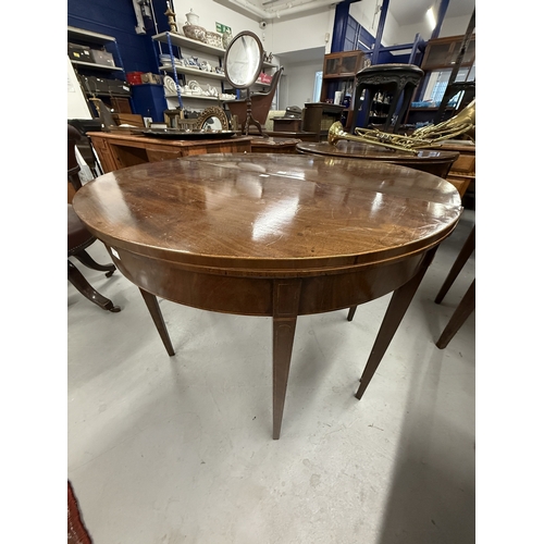 131 - Furniture: 19th century mahogany D end card table four tapering inlaid supports. 91cm x 73cm x 45cm ... 