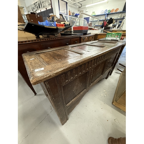 152 - Furniture: Late 17th-century oak coffer with three-panel top with original split pin hinges, the fro... 